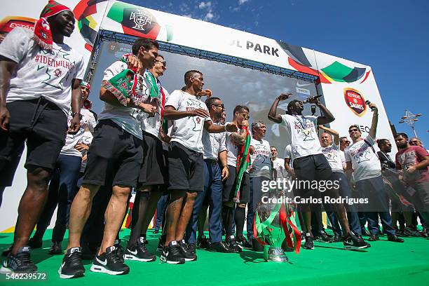 Portuguese forward Eder speaks to the Portuguese supportes during the Portugal Euro 2016 Victory Parade at Lisbon on July 11, 2016 in Lisbon,...