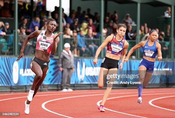 Tori Bowie, first place, competes in the Women's 200 Meter Final during the 2016 U.S. Olympic Track & Field Team Trials at Hayward Field on July 10,...