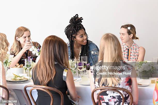 Actors Morgan Saylor, Jessica Williams and Zoe Kazan attend a luncheon hosted by Glamour and Facebook to discuss the 2016 election at Samsung 837 in...