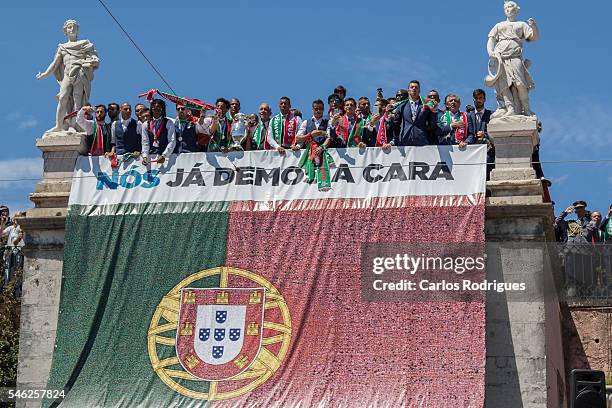 Portuguese players with Portuguese President Marcelo Rebelo de Sousa showing the European cup to the supporters during the meeting with the...