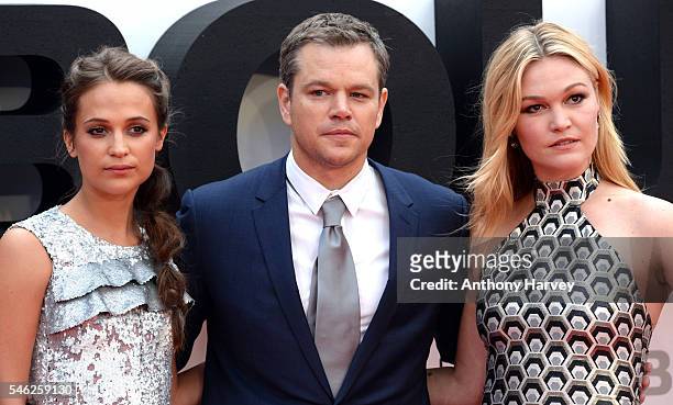 Alicia Vikander, Matt Damon and Julia Stiles attend the European premiere of "Jason Bourne" at Odeon Leicester Square on July 11, 2016 in London,...