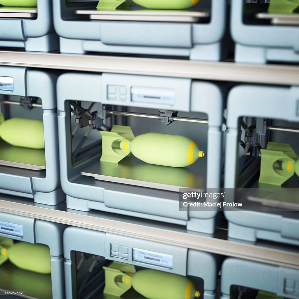 Row of 3D printers creating bombs