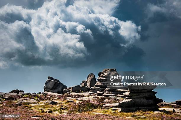moody sky at over owler tor, derbyshire - outcrop stock pictures, royalty-free photos & images