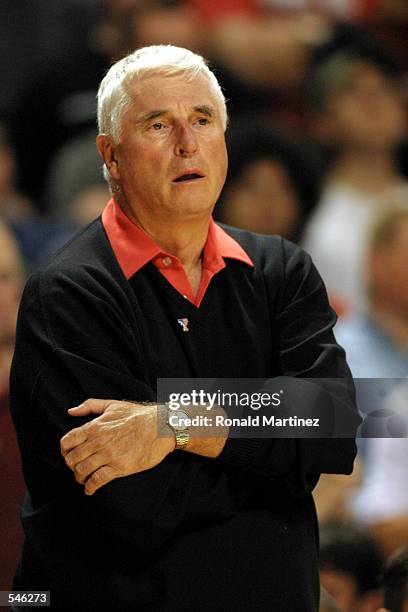 Texas Tech head coach Bobby Knight admires his team from the bench while they play against William & Mary during the Ford Red Raider Classic at the...