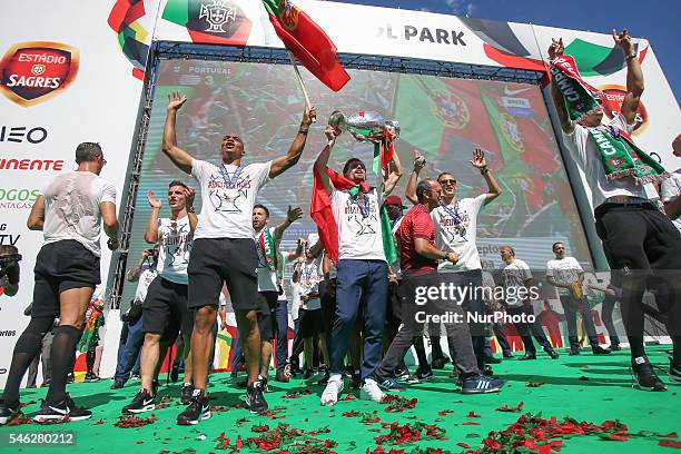 Portuguese players celebrating during the Portugal Euro 2016 Victory Parade at Lisbon on July 11, 2016 in Lisbon, Portugal.