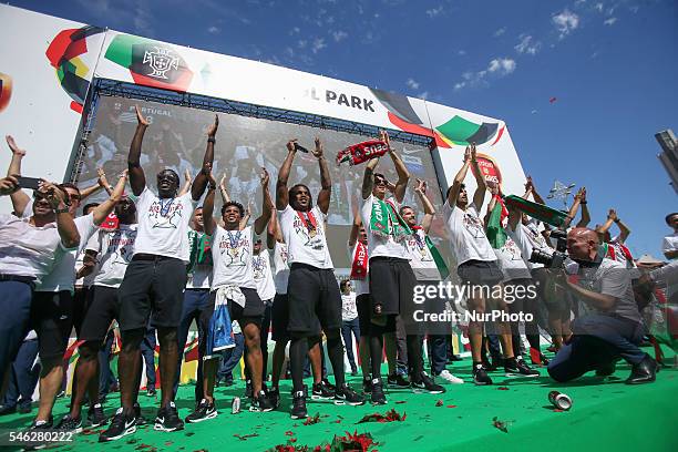 Portuguese players celebrating during the Portugal Euro 2016 Victory Parade at Lisbon on July 11, 2016 in Lisbon, Portugal.