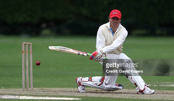 Rob Andrew, the former England rubgy international bats during the Rugby Writers' cricket match against the RFU held at Old Deer Park on July 11,...