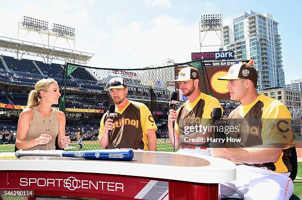 Sports anchor Lindsay Czarniak interviews Ben Zobrist of the Chicago Cubs, Kris Bryant of the Chicago Cubs and Anthony Rizzo of the Chicago Cubs...