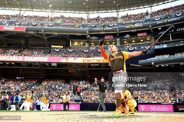 Giancarlo Stanton of the Miami Marlins competes during the T-Mobile Home Run Derby at PETCO Park on July 11, 2016 in San Diego, California.