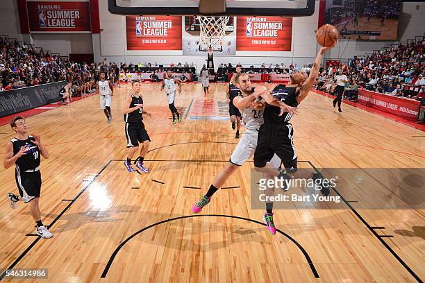 Alex Olah of the New Orleans Pelicans goes for the block against the Sacramento Kings during the 2016 Las Vegas Summer League on July 11, 2016 at Cox...