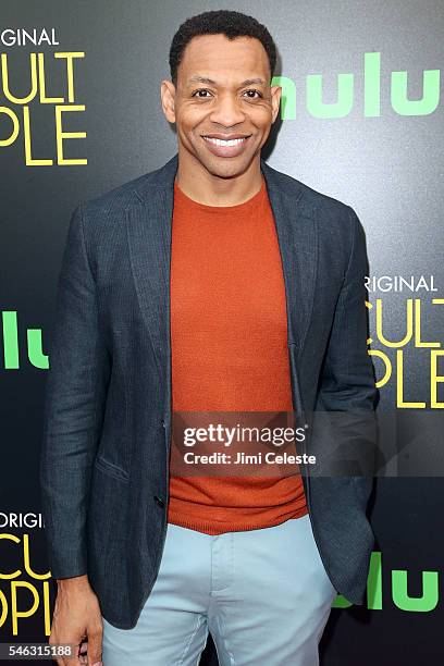 Actor Derrick Baskin attends the Hulu Original "Difficult People" premiere at The Metrograph on July 11, 2016 in New York City.