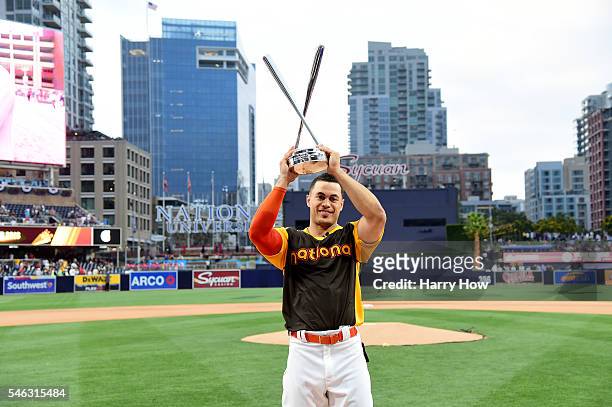 Giancarlo Stanton of the Miami Marlins celebrates after winning the T-Mobile Home Run Derby at PETCO Park on July 11, 2016 in San Diego, California.