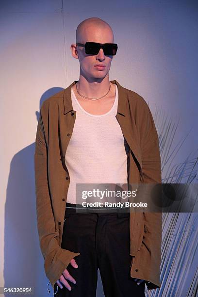 Model poses during the Chapter Presentation during New York Fashion Week: Men's S/S 2017 at Industria Superstudio on July 11, 2016 in New York City.