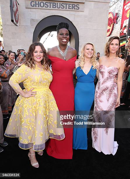 Actresses Melissa McCarthy, Leslie Jones, Kate McKinnon and Kristen Wiig attend the Premiere of Sony Pictures' "Ghostbusters" at TCL Chinese Theatre...