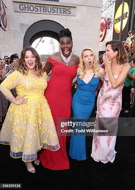 Actresses Melissa McCarthy, Leslie Jones, Kate McKinnon and Kristen Wiig attend the Premiere of Sony Pictures' "Ghostbusters" at TCL Chinese Theatre...