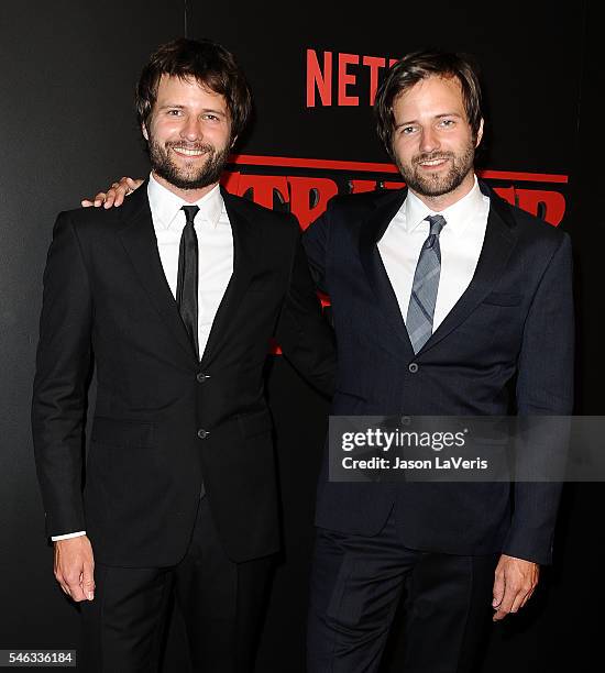 Creators and Executive Producers Ross Duffer and Matt Duffer attend the premiere of "Stranger Things" at Mack Sennett Studios on July 11, 2016 in Los...