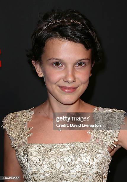 Actress Millie Bobby Brown attends the premiere of Netflix's "Stranger Things" at Mack Sennett Studios on July 11, 2016 in Los Angeles, California.