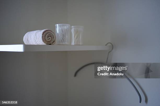 Towel and earsticks are seen in the bathroom of minimalist Saeko Kubishiki in Fujisawa, Kanagawa Prefecture in the southern of Tokyo, Japan, on June...