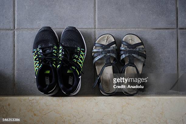 Shoes are seen at the entrance of minimalist Saeko Kubishikis room in Fujisawa, Kanagawa Prefecture in the southern of Tokyo, Japan, on June 29,...