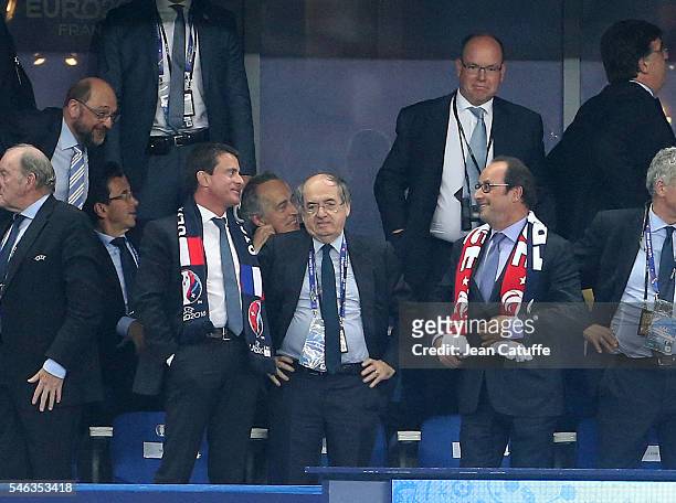French Prime Minister Manuel Valls, President of French Football Federation FFF Noel Le Graet, President of France Francois Hollande and above Prince...