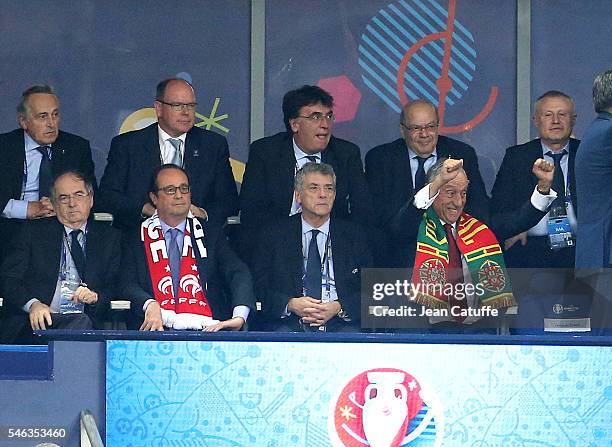 President of Portugal Marcelo Rebelo de Sousa celebrates the winning goal of Eder while President of French Football Federation FFF Noel Le Graet,...