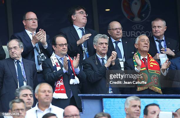 President of French Football Federation FFF Noel Le Graet, President of France Francois Hollande, Angel Maria Villar, President of Portugal Marcelo...
