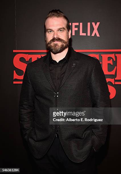 Actor David Harbour attends the Premiere of Netflix's 'Stranger Things' at Mack Sennett Studios on July 11, 2016 in Los Angeles, California.