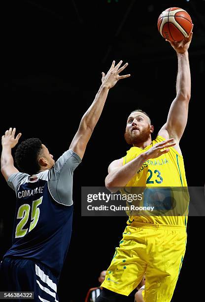 Aron Baynes of the Boomers shoots during the match between the Australian Boomers and the Pac-12 College All-Stars at Hisense Arena on July 12, 2016...