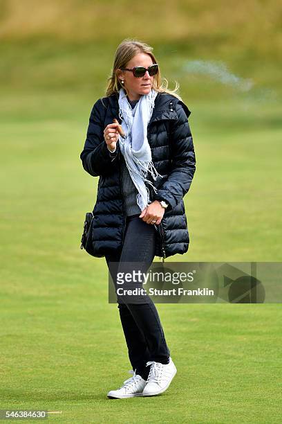 Susanna Styblo, wife of Miguel Angel Jimenez of Spain looks on during a practice round ahead of the 145th Open Championship at Royal Troon on July...