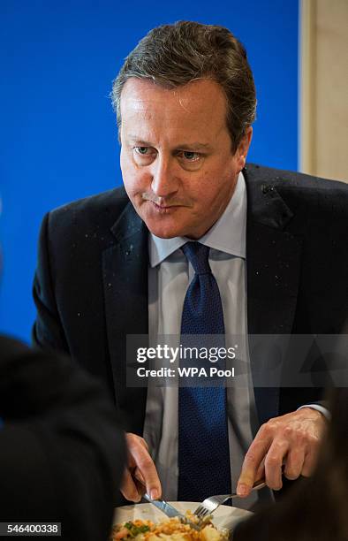 British Prime Minister David Cameron has lunch during a visit at Reach Academy Feltham on July 12, 2016 in London, England. British Prime Minister...