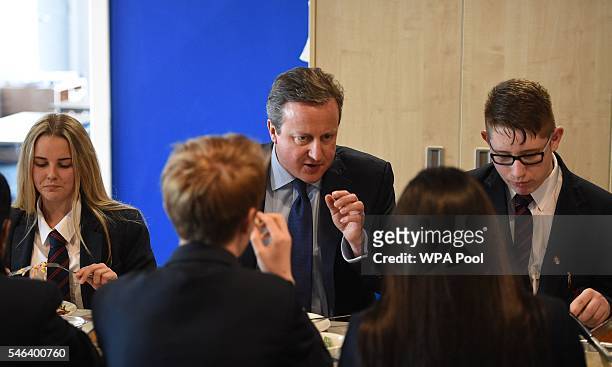 British Prime Minister David Cameron has lunch with pupils during a visit to Reach Academy Feltham on July 12, 2016 in London, England. British Prime...