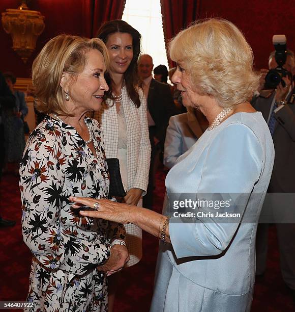 Camilla, Duchess of Cornwall chats to actress Felicity Kendal as she hosts the 30th Anniversary Garden Party for the National Osteoporosis Society in...