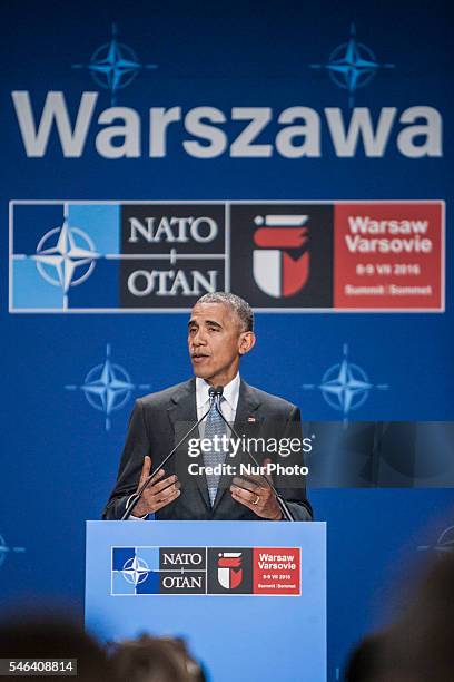 President Barack Obama attends a press conference during the second day of the NATO Summit at the Polish National Stadium in Warsaw on July 9, 2016....