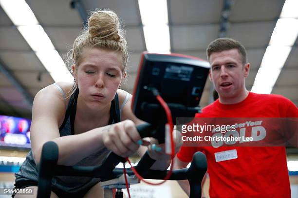 Trialist pushes herself during the launch of the Discover Your Gold at Lee Valley Velopark Velodrome on July 12, 2016 in London, England. Discover...