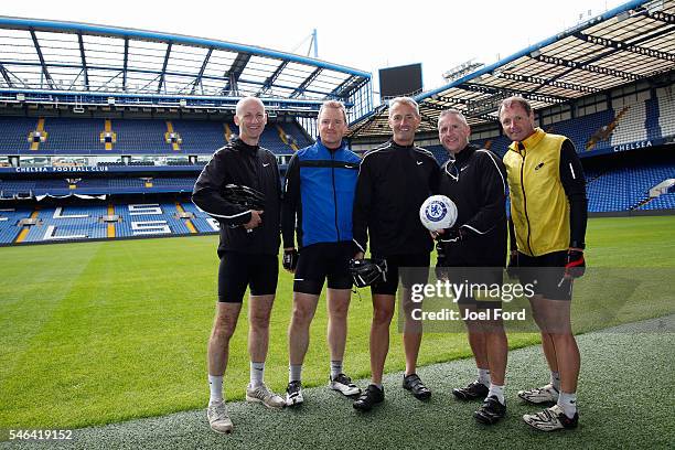 Mike Riley, Martin Atkinson and Jon Moss with support riders Andy Alderson and Jim Butters at Stamford Bridge Stadium, home of Chelsea Football Club...