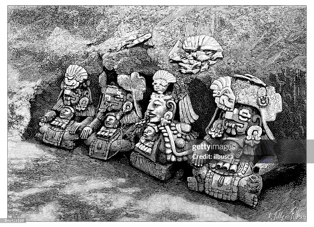 Antique illustration of zapotec statue idols