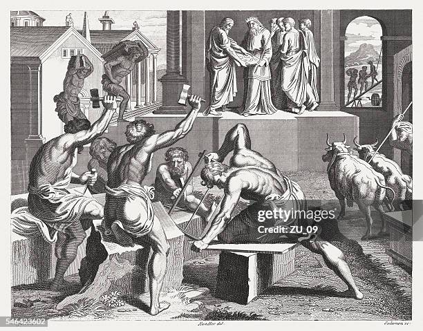construction of solomon's temple (1 kings 6), published in 1841 - raphael artist stock illustrations