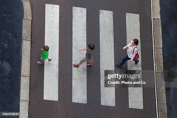 family crossing a pedestrian crossing - strisce pedonali foto e immagini stock
