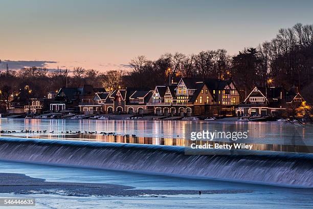 boathouse row in philadelphia - philadelphia winter stock pictures, royalty-free photos & images
