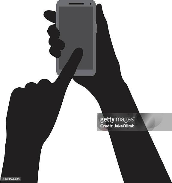 ilustraciones, imágenes clip art, dibujos animados e iconos de stock de apuntando a mano en la silueta del teléfono inteligente - aferrarse