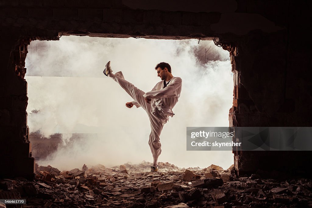 Taekwondo fighter practicing martial arts among ruins.