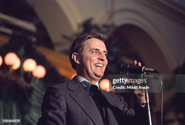 Newly inaugurated Vice President Walter Mondale addresses attendees at President Jimmy Carter's Inaugural Ball, Washington DC, January 20, 1977.