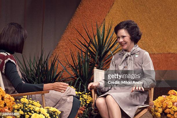 Future First Lady Rosalynn Carter appears on an unidentified television program in support of her husband, Jimmy Carter's Presidential campaign,...