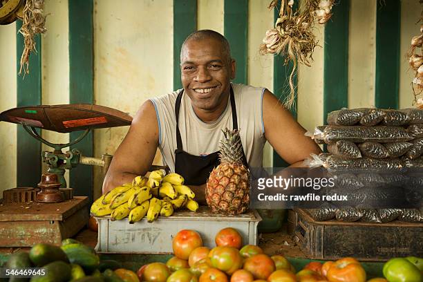 a vendor at a fruit and vegetable market - feirante imagens e fotografias de stock