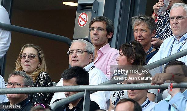 Jean-Paul Huchon, David Pujadas attend the UEFA Euro 2016 final between Portugal and France at Stade de France on July 10, 2016 in Saint-Denis near...