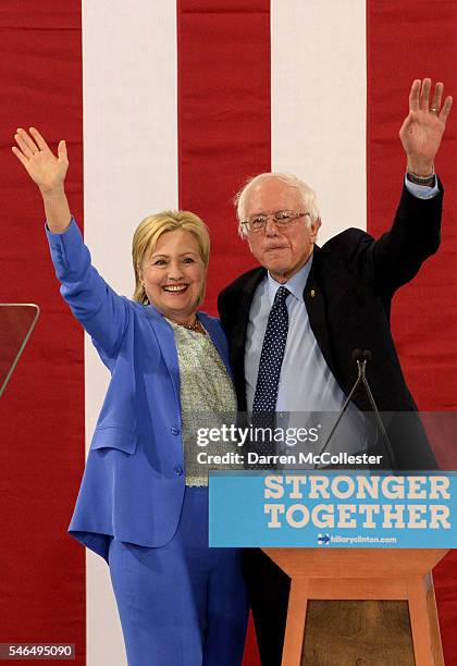 Bernie Sanders and Presumptive Democratic presidential nominee Hillary Clinton appear together at Portsmouth High School July 12, 2016 in Portsmouth,...