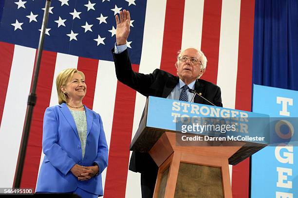 Bernie Sanders introduces Presumptive Democratic presidential nominee Hillary Clinton at Portsmouth High School July 12, 2016 in Portsmouth, New...