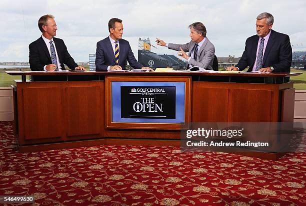 David Duval, Rich Lerner, Brandel Chamblee and Frank Nobilo are seen on the Golf Channel set ahead of the 145th Open Championship at Royal Troon on...