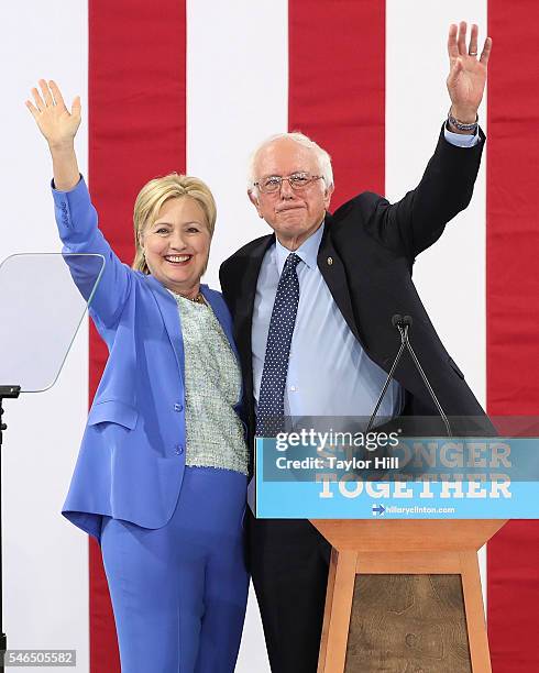 Bernie Sanders endorses Hillary Clinton for President of the United States at Portsmouth High School on July 12, 2016 in Portsmouth, New Hampshire.