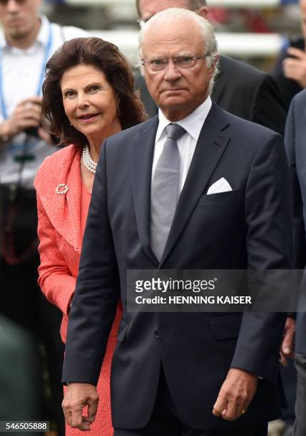 Queen Silvia of Sweden and King Carl XVI Gustaf of Sweden arrive for the media night on July 12, 2016 in Aachen. / Germany OUT